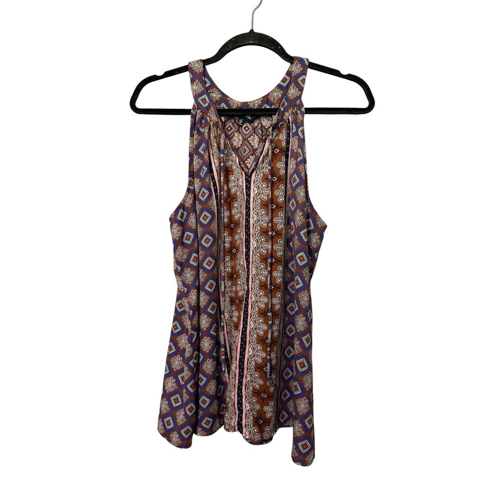 Bobeau Sleeveless Geometric Medallion Print Swing Tank Top Brown Blue L